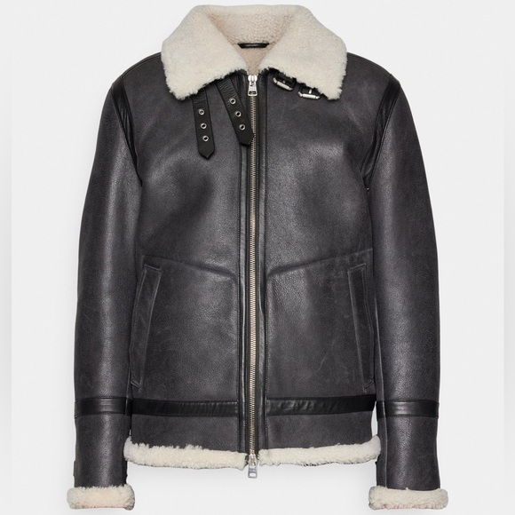Hugo Boss Lambskin Leather Shearling Buckle Strap Coat Size Large NWT Dark Grey - Picture 3 of 13